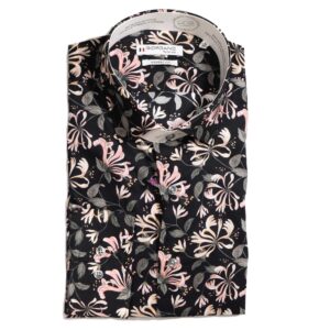 Giordano black shirt with large pink exotic flowers and grey foliage from Gabucci Menswear in Bath