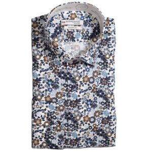 Giordano white shirt with small navy blue and brown flowers