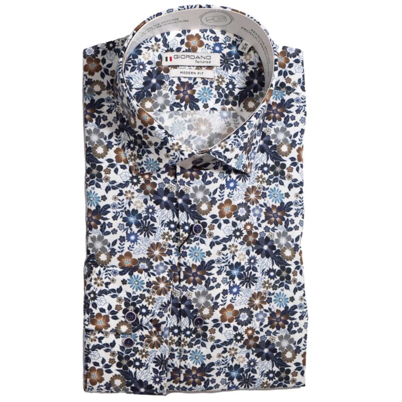 Giordano white shirt with small navy blue and brown flowers