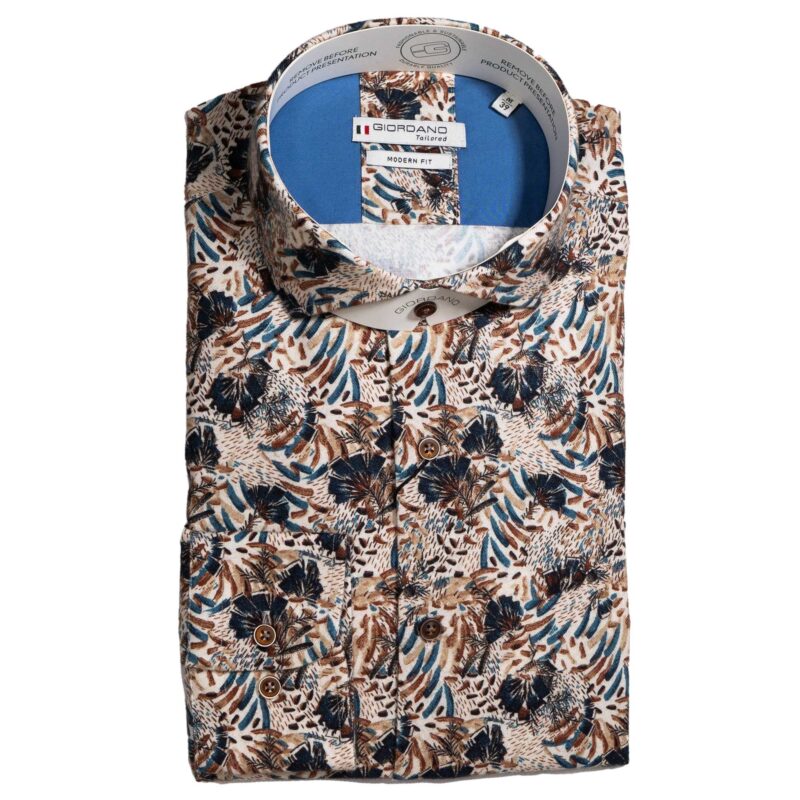 Giordano white shirt with blue and brown ferns