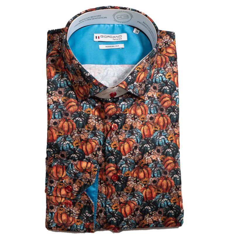 Giordano blue shirt with large blue and orange pumpkins, from Gabucci Menswear in Bath