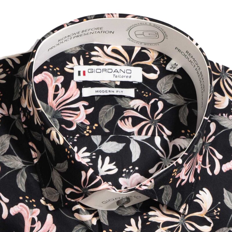 Giordano black shirt with large pink exotic flowers and grey foliage from Gabucci Menswear in Bath