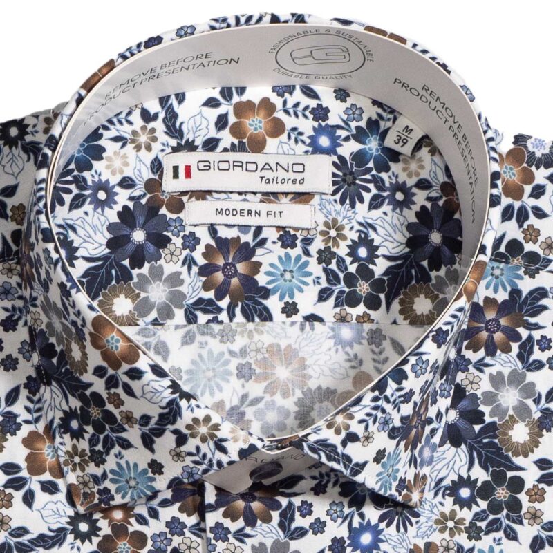 Giordano white shirt with small navy blue and brown flowers