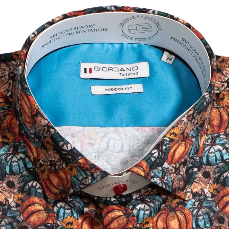 Giordano blue shirt with large blue and orange pumpkins, from Gabucci Menswear in Bath