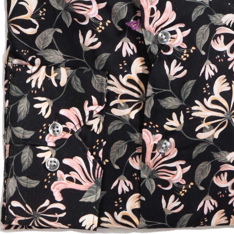 Giordano black shirt with large pink exotic flowers and grey foliage from Gabucci Menswear in Bath