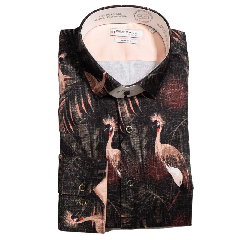 Giordano black shirt with large pink exotic flamingos