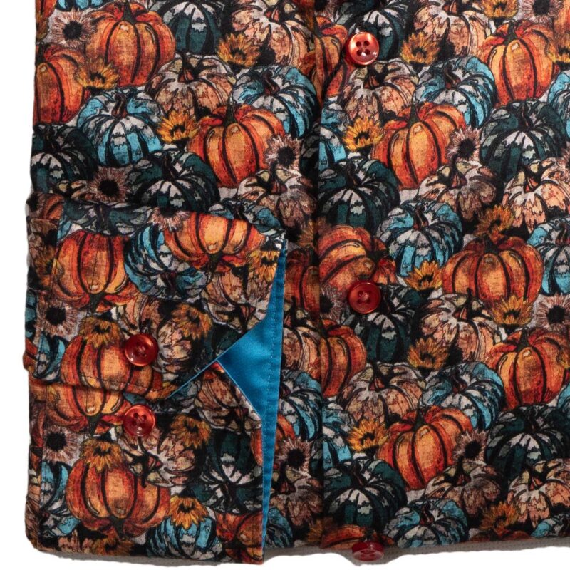 Giordano blue shirt with large blue and orange pumpkins, from Gabucci Menswear in Bath