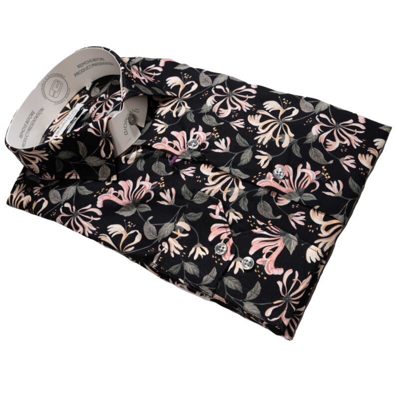 Giordano black shirt with large pink exotic flowers and grey foliage from Gabucci Menswear in Bath