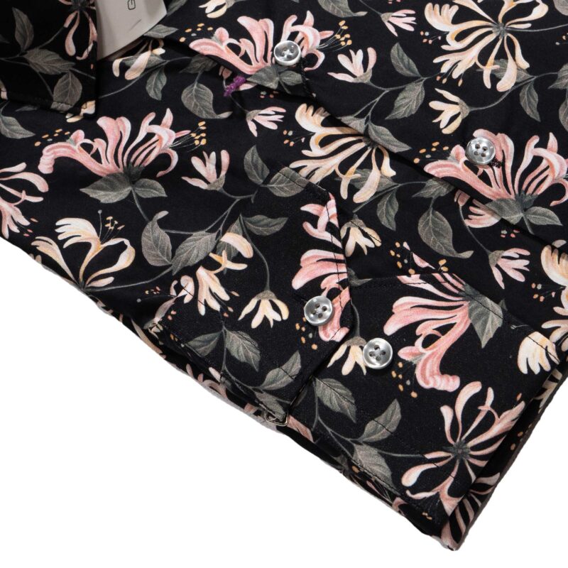 Giordano black shirt with large pink exotic flowers and grey foliage from Gabucci Menswear in Bath