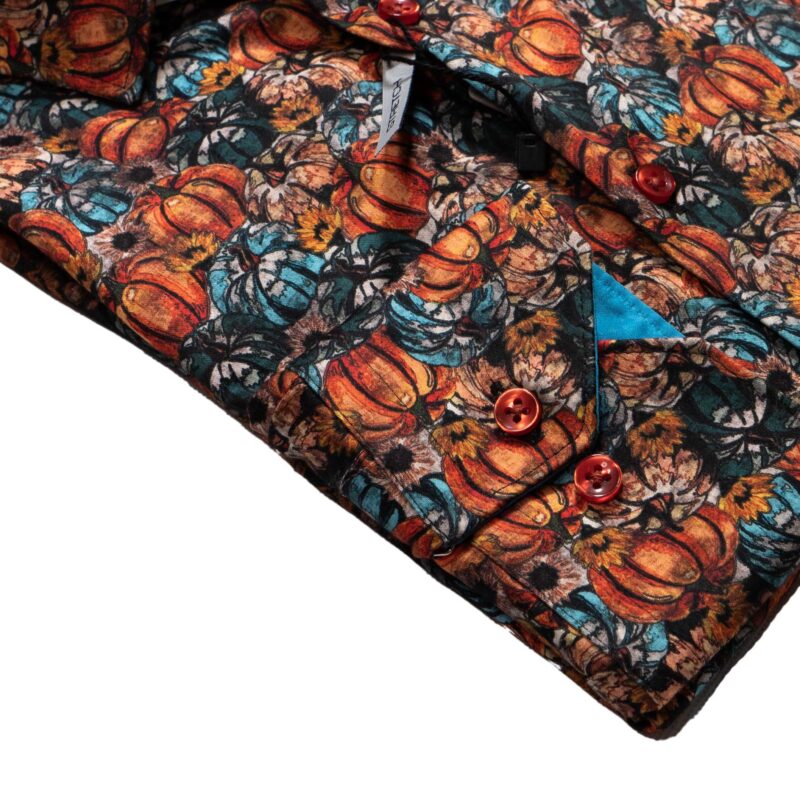 Giordano blue shirt with large blue and orange pumpkins, from Gabucci Menswear in Bath