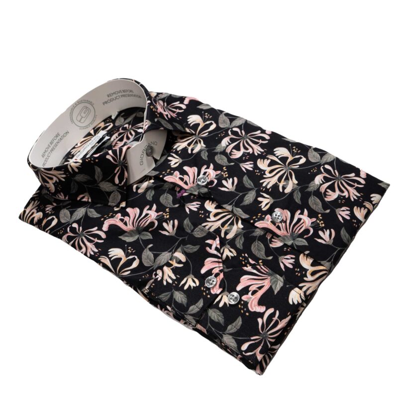 Giordano black shirt with large pink exotic flowers and grey foliage from Gabucci Menswear in Bath