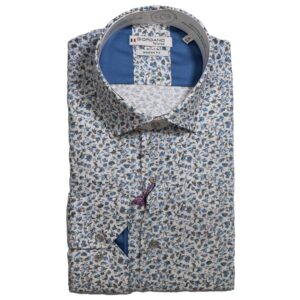 Giordano white shirt with small blue flowers on Liberty fabric, from Gabucci Menswear in Bath