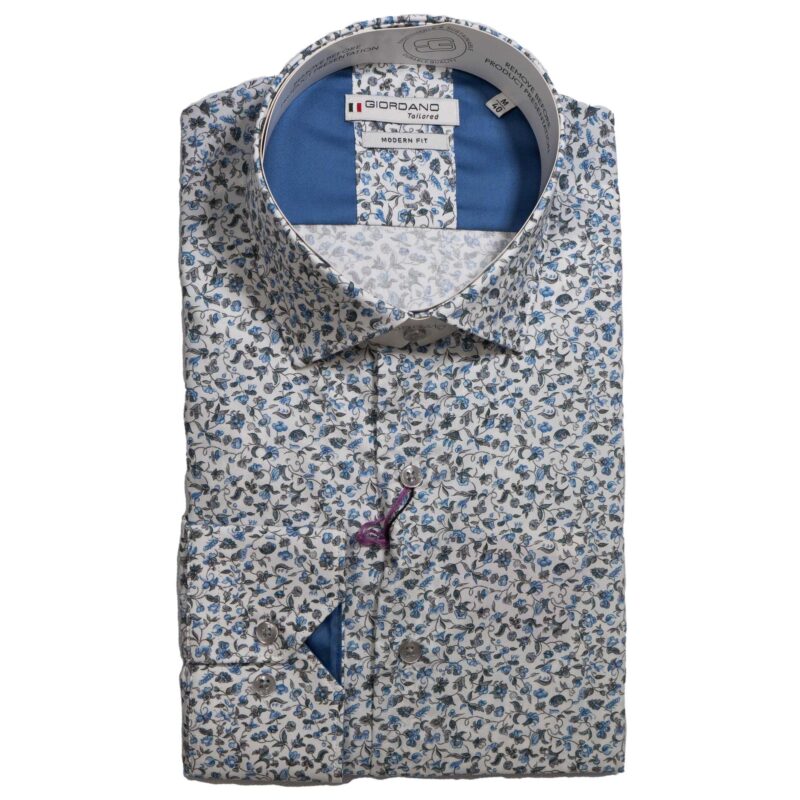 Giordano white shirt with small blue flowers on Liberty fabric, from Gabucci Menswear in Bath