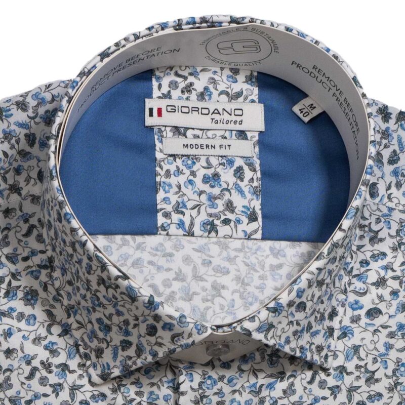 Giordano white shirt with small blue flowers on Liberty fabric, from Gabucci Menswear in Bath