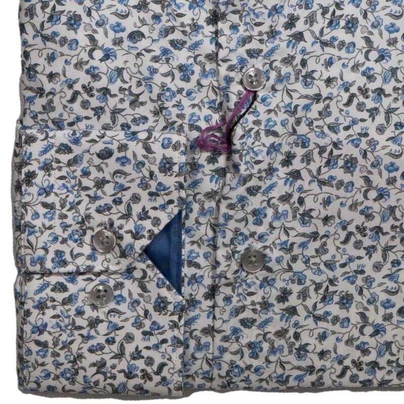 Giordano white shirt with small blue flowers on Liberty fabric, from Gabucci Menswear in Bath