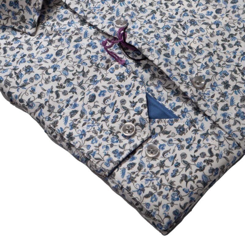 Giordano white shirt with small blue flowers on Liberty fabric, from Gabucci Menswear in Bath