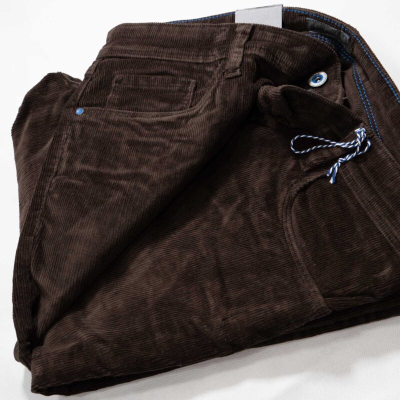 Hattric brown cord trouser with contrasting blue stitching and traditional 5 pocket design.