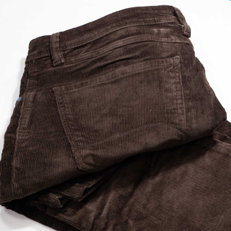 Hattric brown cord trouser with contrasting blue stitching and traditional 5 pocket design.