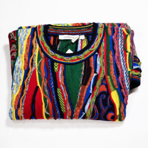 Lozenzoni jumper with classic 3d design in green red yellow and blue, luxury Italian knitwear, beautifully designed and made. From Gabucci Bath.