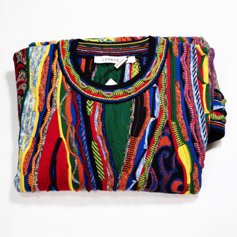 Lozenzoni jumper with classic 3d design in green red yellow and blue, luxury Italian knitwear, beautifully designed and made. From Gabucci Bath.