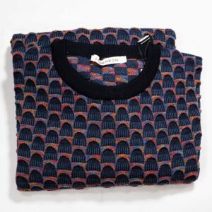 Lorenzoni jumper with classic 3d design in dark blue with red and yellow luxury Italian knitwear, beautifully designed and made. From Gabucci Bath.