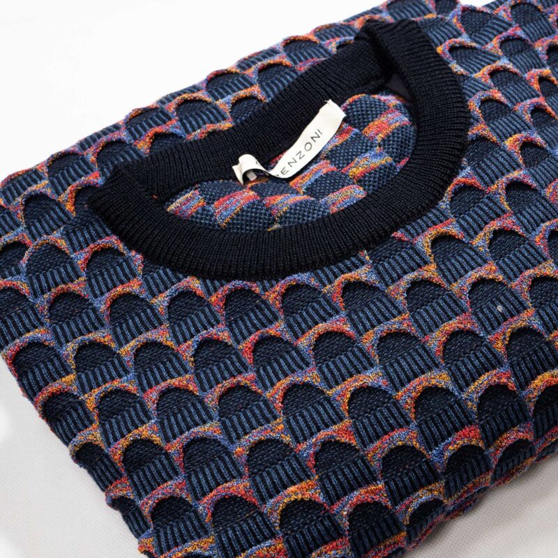 Lorenzoni jumper with classic 3d design in dark blue with red and yellow luxury Italian knitwear, beautifully designed and made. From Gabucci Bath.