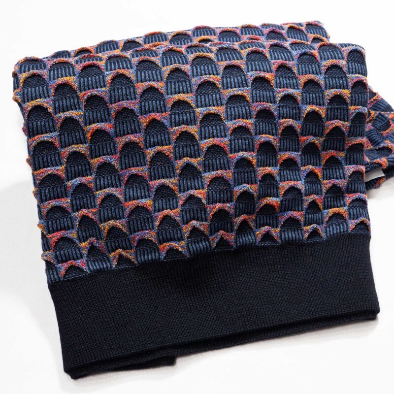 Lorenzoni jumper with classic 3d design in dark blue with red and yellow luxury Italian knitwear, beautifully designed and made. From Gabucci Bath.