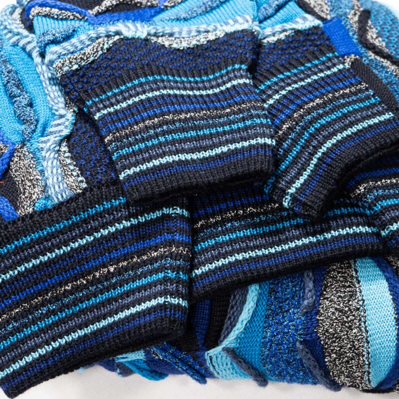 Lorenzoni jumper with classic 3d design in shades of blue, luxury Italian knitwear, beautifully designed and made. From Gabucci Bath.