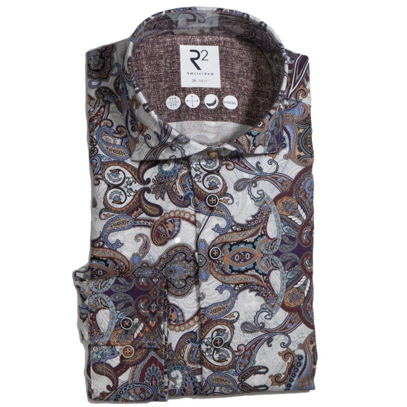 R2 white shirt with blue and brown flowers and foliage on a shadowed background in pale grey. From Gabucci Menswear in Bath