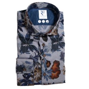 R2 grey shirt with large blue and red flowers and foliage