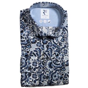 R2 white shirt with large blue flowers and foliage. From Gabucci Menswear in Bath