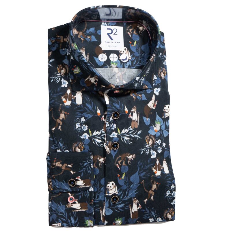 R2 navy blue shirt with pandas, monkeys and penguins