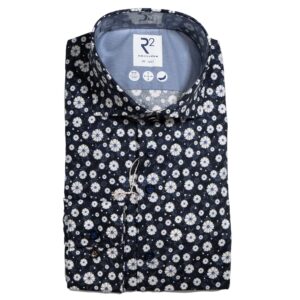 R2 navy blue shirt with white and blue flowers