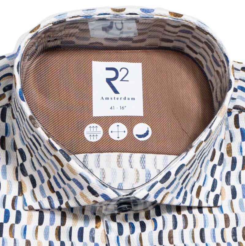 R2 white shirt with tiny coloured cylinders. From Gabucci Menswear in Bath