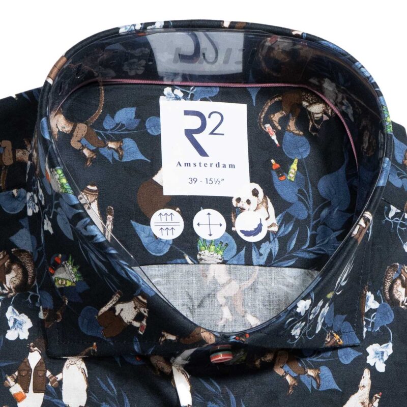 R2 navy blue shirt with pandas, monkeys and penguins