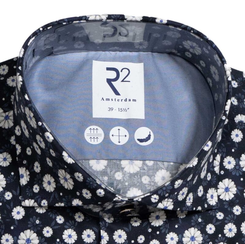 R2 navy blue shirt with white and blue flowers