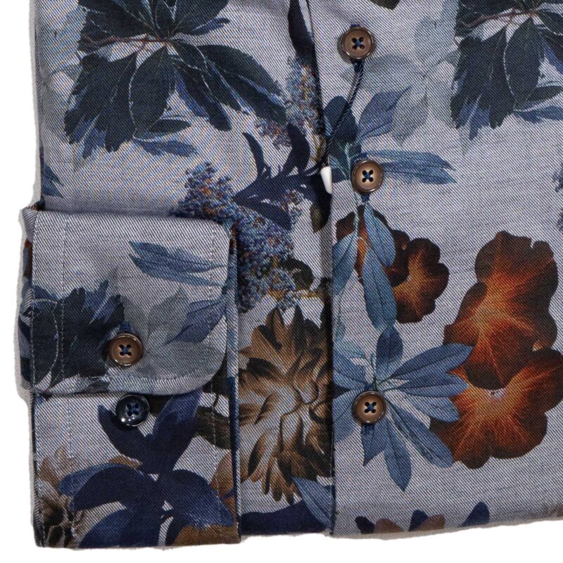 R2 grey shirt with large blue and red flowers and foliage