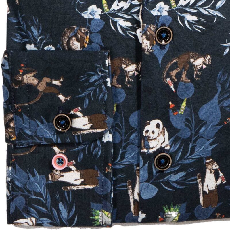 R2 navy blue shirt with pandas, monkeys and penguins