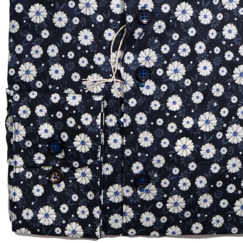 R2 navy blue shirt with white and blue flowers