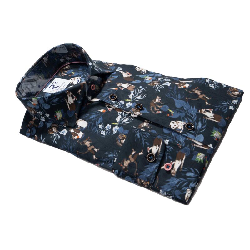 R2 navy blue shirt with pandas, monkeys and penguins