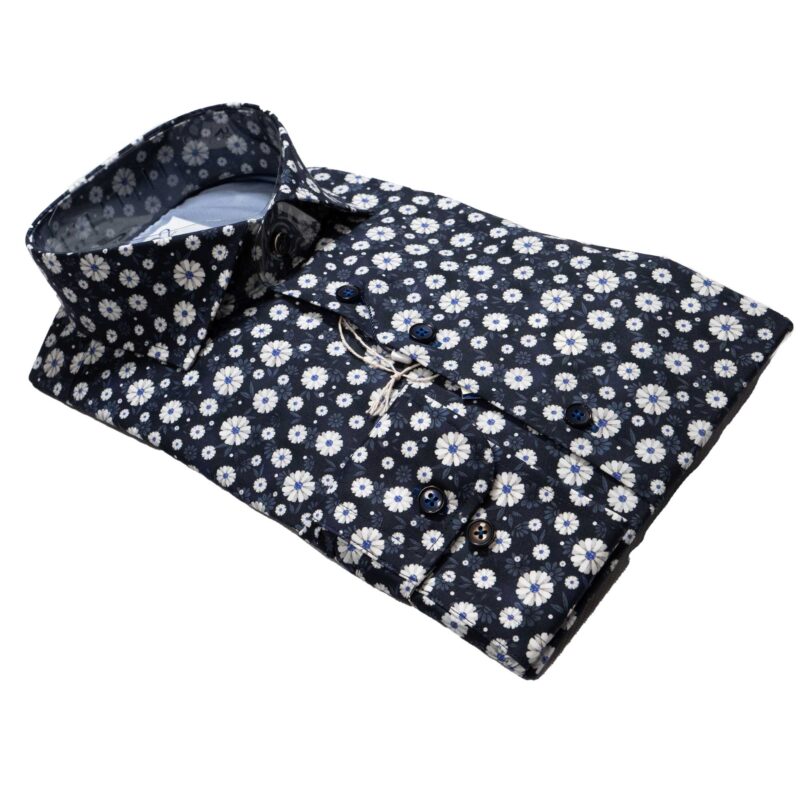 R2 navy blue shirt with white and blue flowers