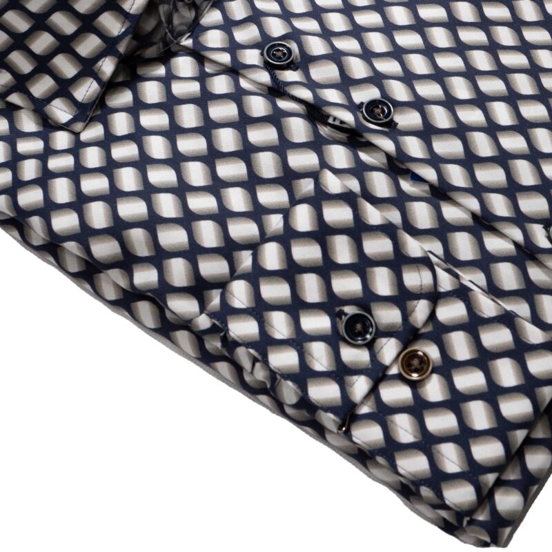 R2 navy shirt with brown graduated lozenges. From Gabucci Menswear in Bath