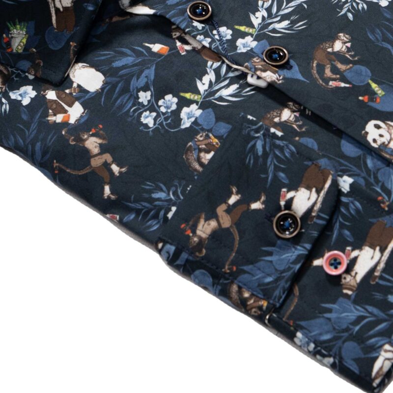 R2 navy blue shirt with pandas, monkeys and penguins