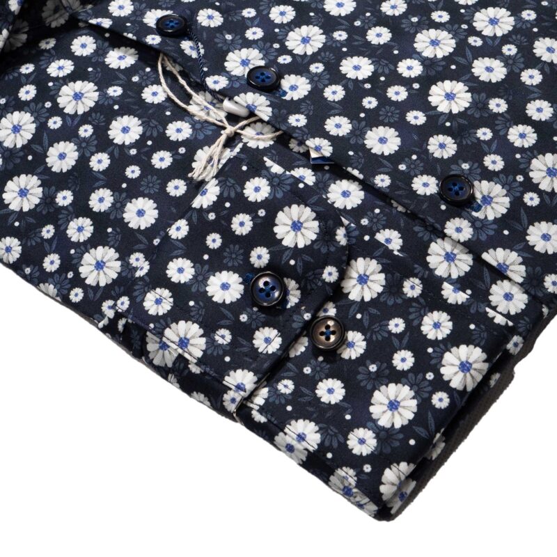 R2 navy blue shirt with white and blue flowers