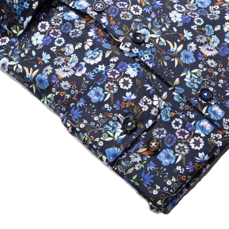 R2 navy blue shirt with brown foliage and white and blue flowers