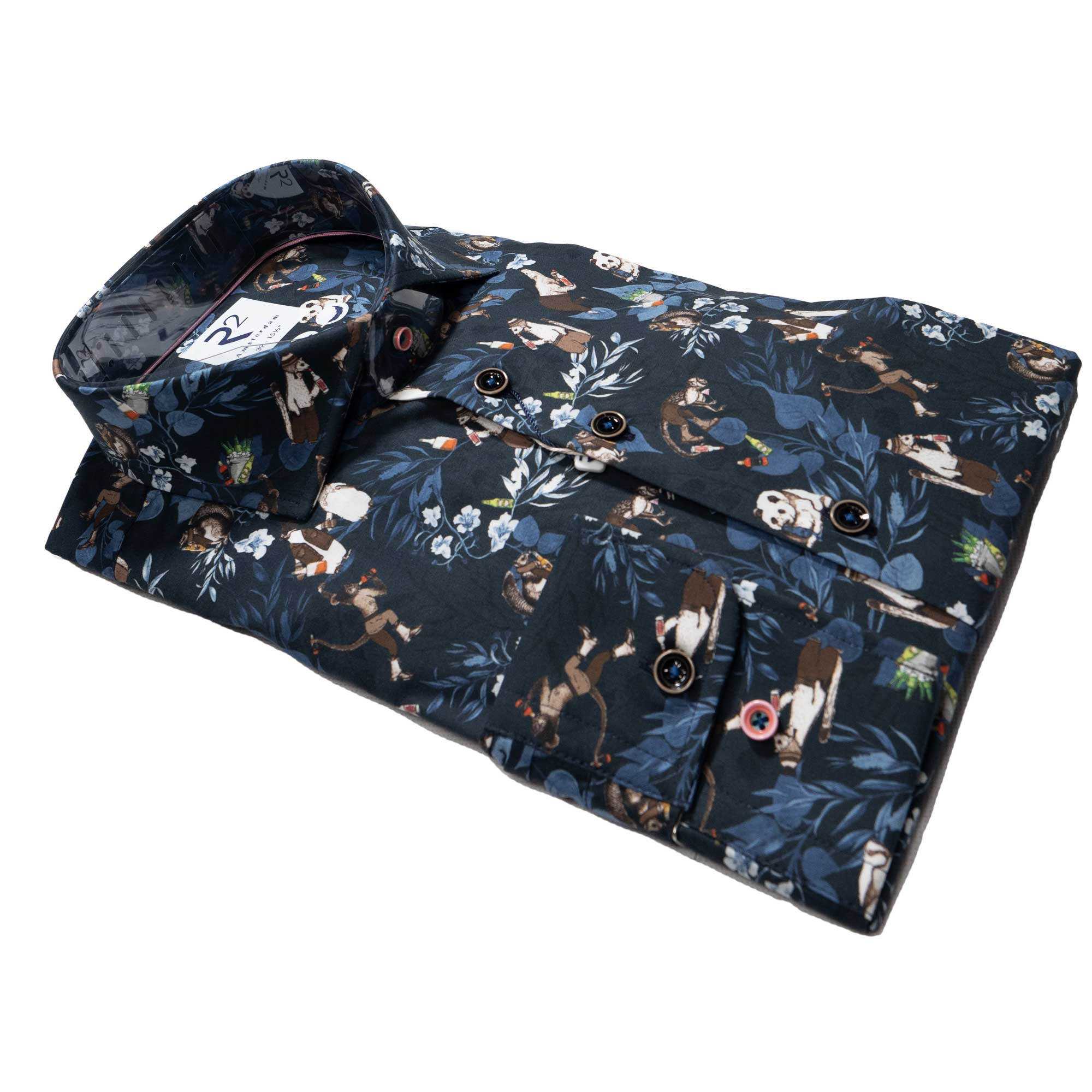 R2 navy blue shirt with pandas, monkeys and penguins