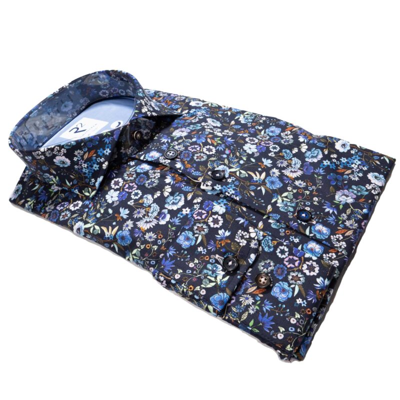 R2 navy blue shirt with brown foliage and white and blue flowers