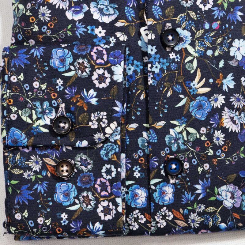 R2 navy blue shirt with brown foliage and white and blue flowers