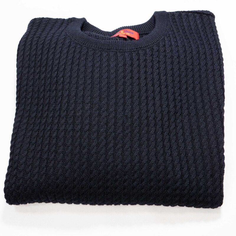 Navy Wilson and Sloane cable knit jumper in a merino wool and acrylic 50/50 mix. Perfect for keeping warm and smart this winter. The ideal Christmas gift for him.