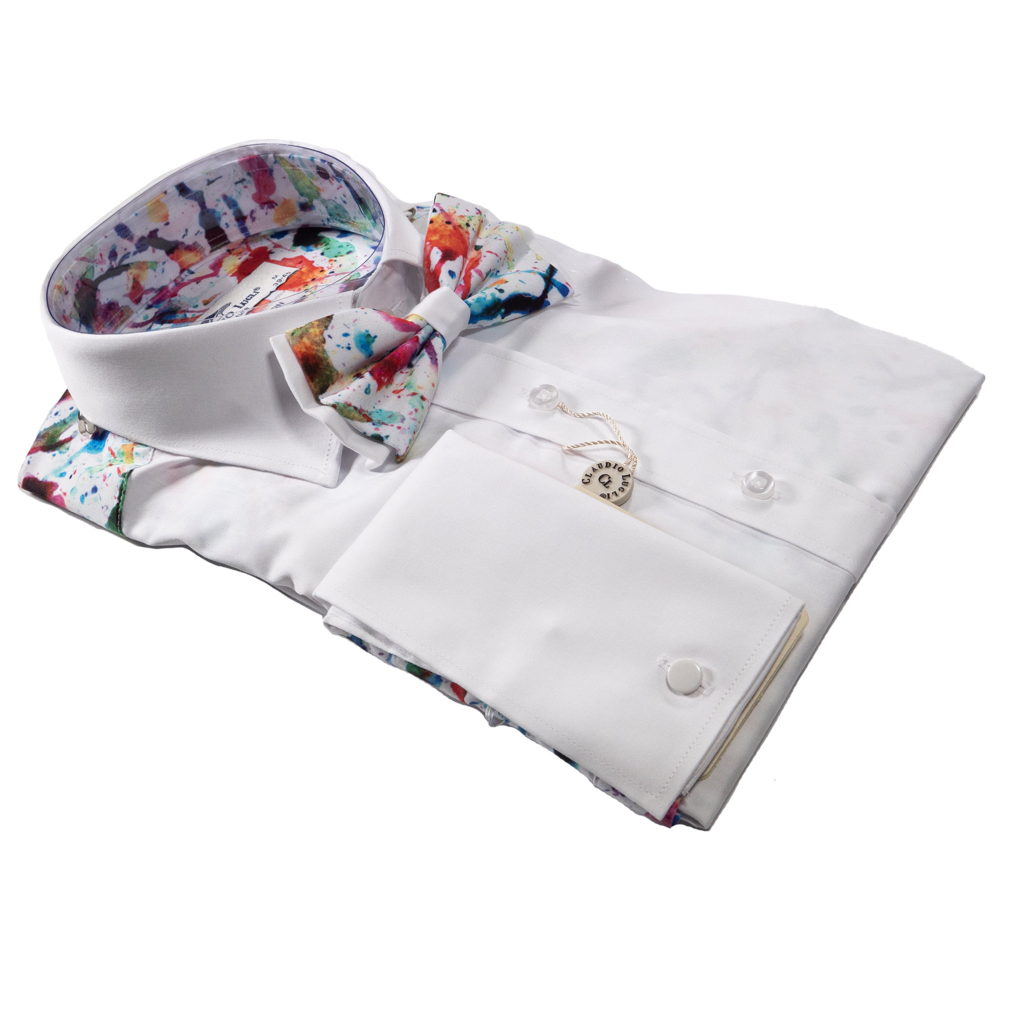 Claudio Lugli White Shirt with colourful paint splurges and matching bow tie